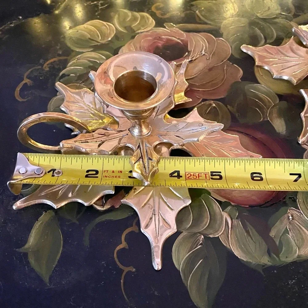 Vintage Brass Christmas Poinsettia Candle Holders 2 Set MCM Cottagecore Floral